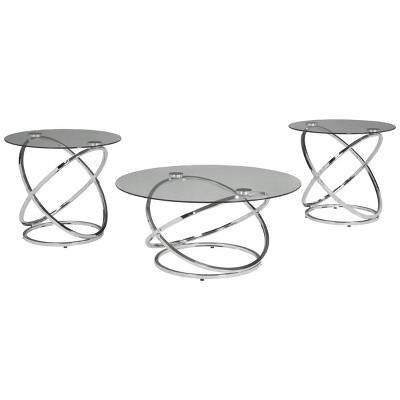 Royal Hampton 3-Piece Coffee and Side End Table Set Round Glass Tops with Swirl Chrome Steel Bases