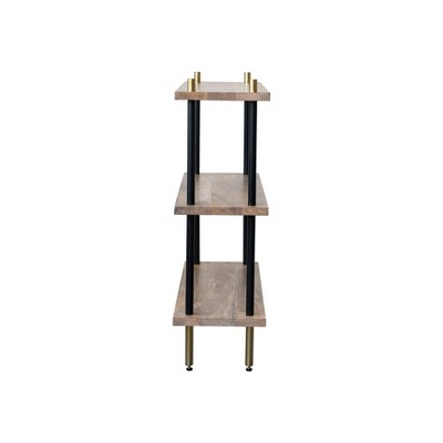 Black Mango Wood and Metal 3-Tier Shelf with Brass Finish Legs