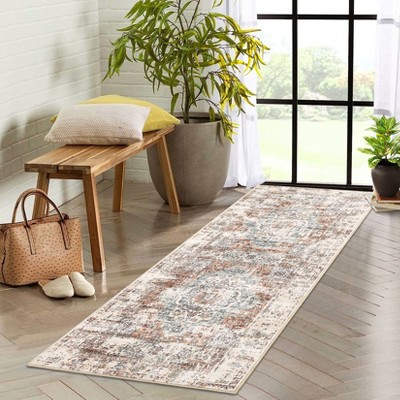 Washable Vintage Area Rug Medallion Distressed Rug Living Room Non-Slip Low Pile Bedroom Kitchen Home Office Carpet