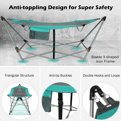 Turquoise Folding Hammock with Iron Stand and Side Pocket