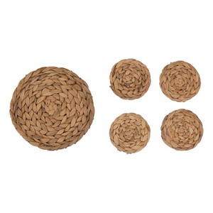 Storied Home Hand-Woven Water Hyacinth Trivet and 4" Round Coasters, Set of 4 Coasters - 1 of 4