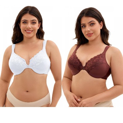 INSPIRE CHIC 2 Pcs Women's Front Closure Lace Trim Underwire Adjustable Straps Plunge Bras