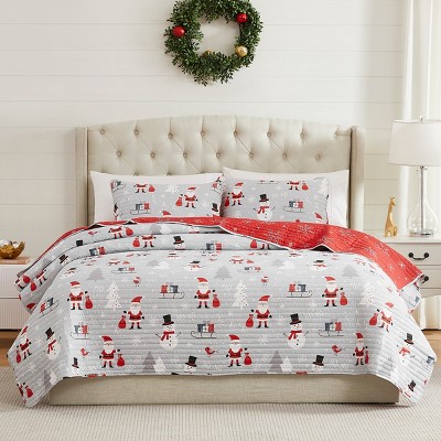 King Gray Reversible Microfiber Christmas Quilt Set