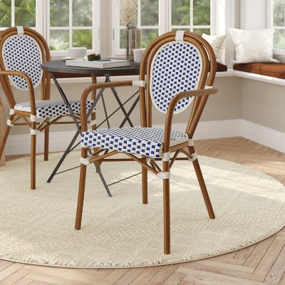 White and Navy Rattan Dining Chair with Brown Aluminum Frame