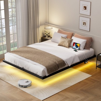 WOWLIVE Floating Bed Frame Twin/Full/Queen/King Size Metal Platform Bed with Charging Station and LED Lights