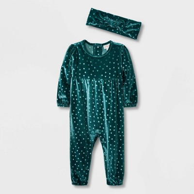 Image of Baby Girls' Dot Velour Long Sleeve Romper - Cat & Jack™ Green 3-6M