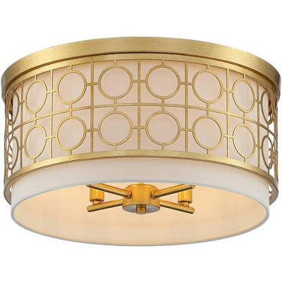 Possini Euro Design Modern Ceiling Light Flush Mount Fixture Gold Leaf Metal 18" Wide White Drum Shade for House Bedroom Kitchen