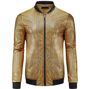 INSPIRE CHIC Men's Long Sleeve Full Zip Up Party Shiny Holographic Bomber Jackets - 1 of 4