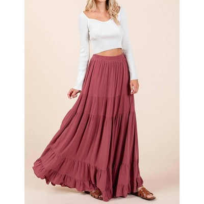 Women's Tiered Flowy Elastic Waist Lined Maxi Skirt - mittoshop