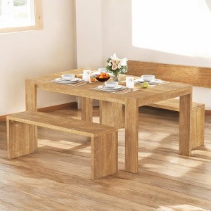 3-Piece Farmhouse Dining Table Set with 2 Benches, Space-Saving Wood Kitchen Table for Dining Room or Kitchen - 1 of 4