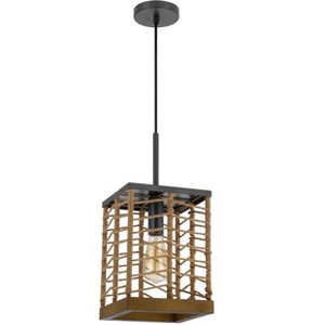 Winfall 60W Metal with Birch Wood Bottom Trim Square Pendant with Burlap Roped Shade - 1 of 4