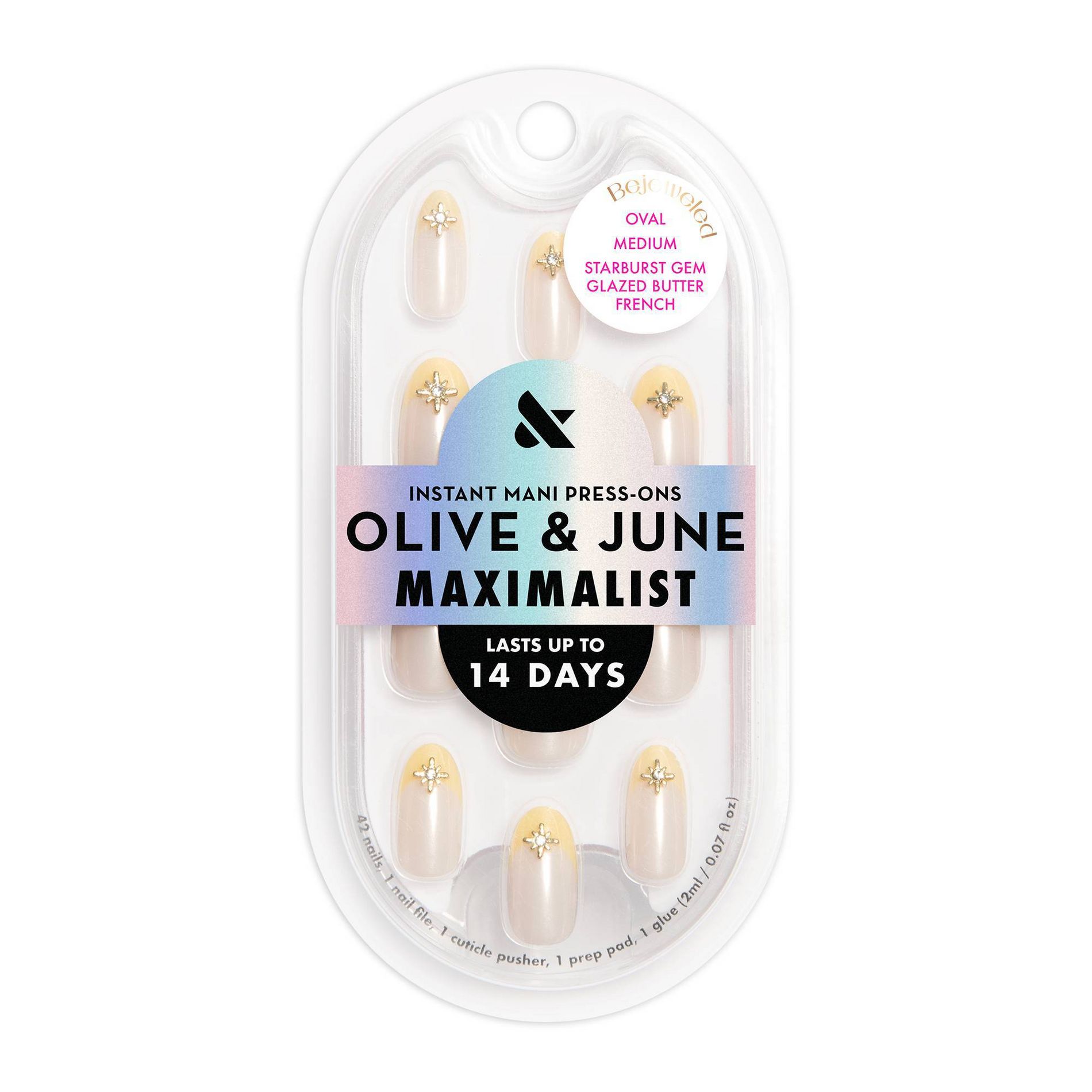 Olive & June Press-On Fake Nails - Maximalist Jewelry - M Oval - Starburst Gem Glazed Butter French - 42ct: 90% Recycled Material