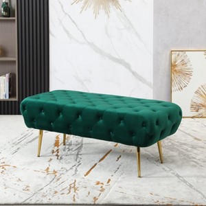 Roundhill Furniture Sira Velvet Button Tufted Bench with Gold Metal Legs, Green - 1 of 4