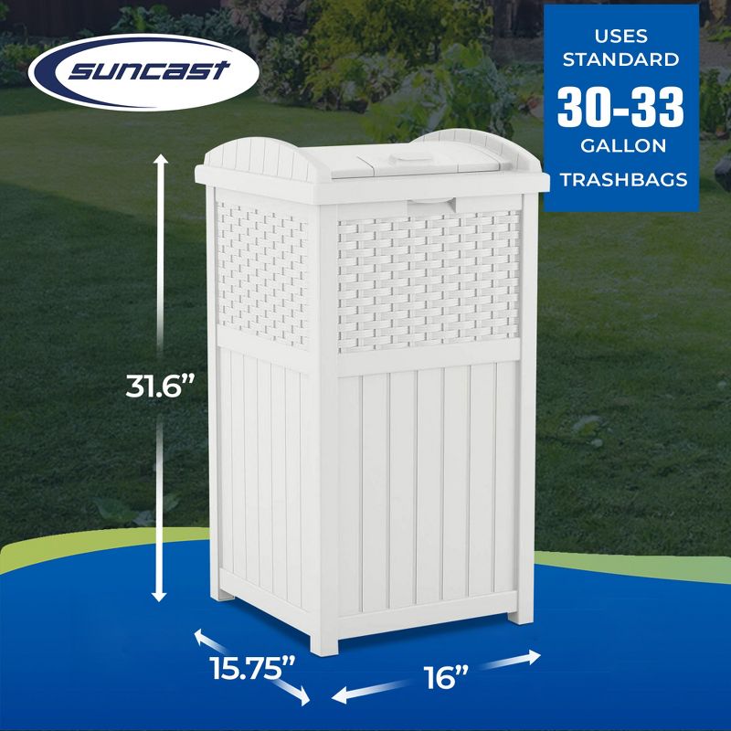 Suncast Wicker Resin Outdoor Hideaway Trash Can Bin with Latching Lid for Use in Backyard, Deck, or Patio, White (2 Pack), 3 of 7