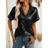 Women's Metallic Button Party Shirt - Casual Loose Fit Short Sleeve Top for Holiday - 2 of 4