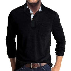 Men's Long Sleeve Polo Shirt Casual Button-Down Collar Shirt with Pocket - 1 of 4