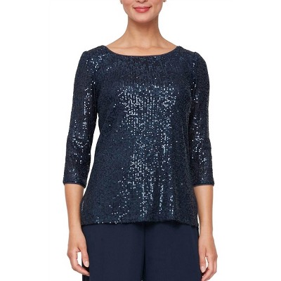 Women's Sequin 3/4 Sleeve Blouse with Side Slit Detail - Alex Evenings