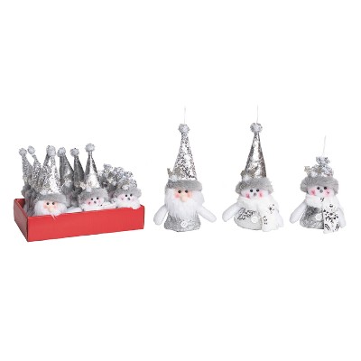 Transpac Polyester 5 in. Gray Christmas Plush Snowman and Santa Ornament in Crate Set of 12