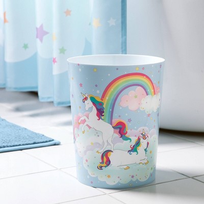 Blue Plastic Unicorn and Rainbow Kids' Wastebasket