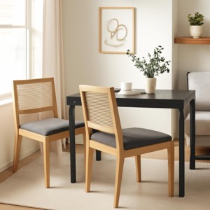 Homy Casa Set of 2 Wooden Dining Chairs with Rattan Back and Gray Upholstered Seat - 1 of 4