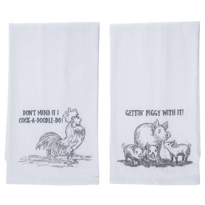 Transpac Cotton Farm Sketch Tea Towel Set of 2 Multicolored Spring Kitchen Textiles for Home Decoration