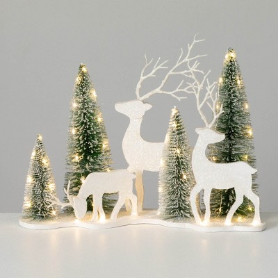 15"H Sullivans Christmas LED Bottlebrush Trees And Deer, Multicolor, Indoor Christmas Decor