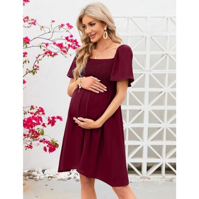 Summer Maternity Dress Women Smocked Square Neck Puff Sleeve Off ...