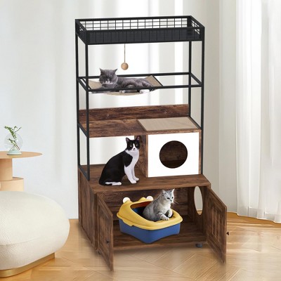 Hidden Litter Box Furniture with Metal Frame, 60''H Cat Litter Box Enclosure with Storage Shelf