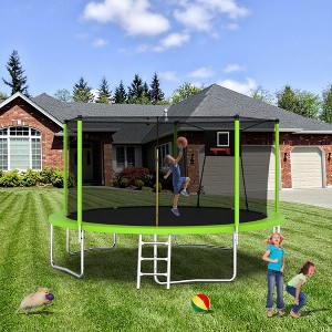 Okak 8/12/14/15/16FT Outdoor Trampolines with Enclosure Net, Toddler Trampoline with Balance Bar, Basketball Hoop and Ball, Rebounder for Garden - 1 of 4