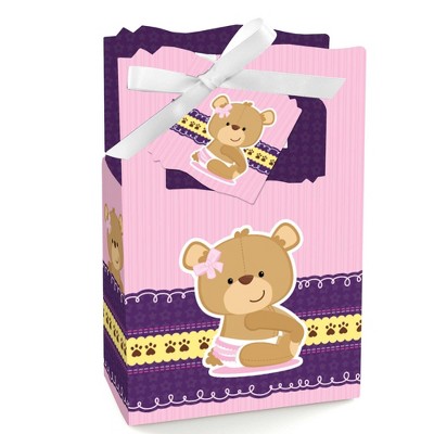 Big Dot of Happiness Girl Baby Teddy Bear - Baby Shower or Birthday Party Favor Boxes - Set of 12