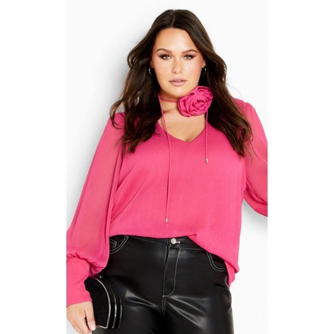 Women's Plus Size Fleur 2 Piece Decorative Flower Neck Tie Top - vibrant pink | CITY CHIC - image 1 of 4