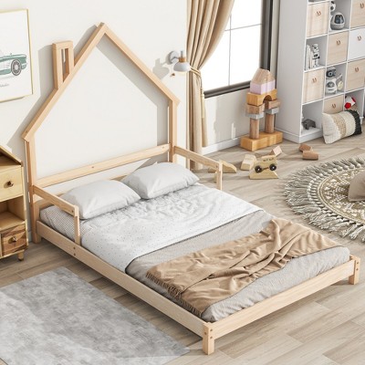 Montessori Floor Bed, House Shaped Bedframe with Headboard and handrails