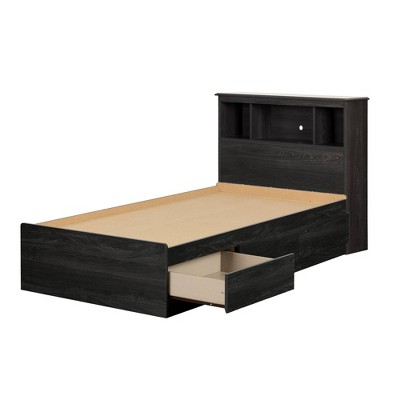 Gray Oak Twin Bed with Upholstered Headboard and Storage Drawers