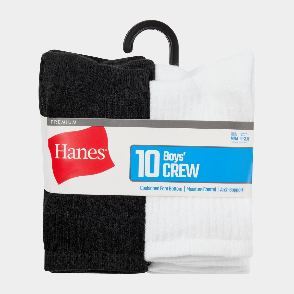 Hanes Boys' 10pk Premium Crew Socks - Black/White - thumbnail 2