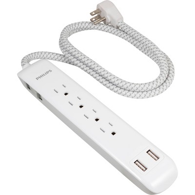 Philips 4-Outlet Surge / 2 USB-A 720 Joules 4' Braided Cord - White