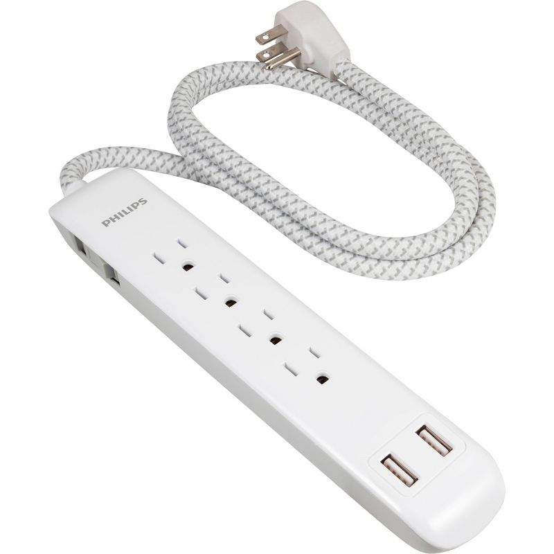 Philips 4-Outlet Surge / 2 USB-A 720 Joules 4&#39; Braided Cord - White, 4 of 9