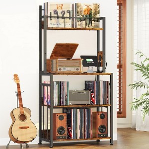 HDZNVF Record Player Stand With Charging Station, Turntable Stand Holds Up To 300 Albums Rustic Brown - 1 of 4
