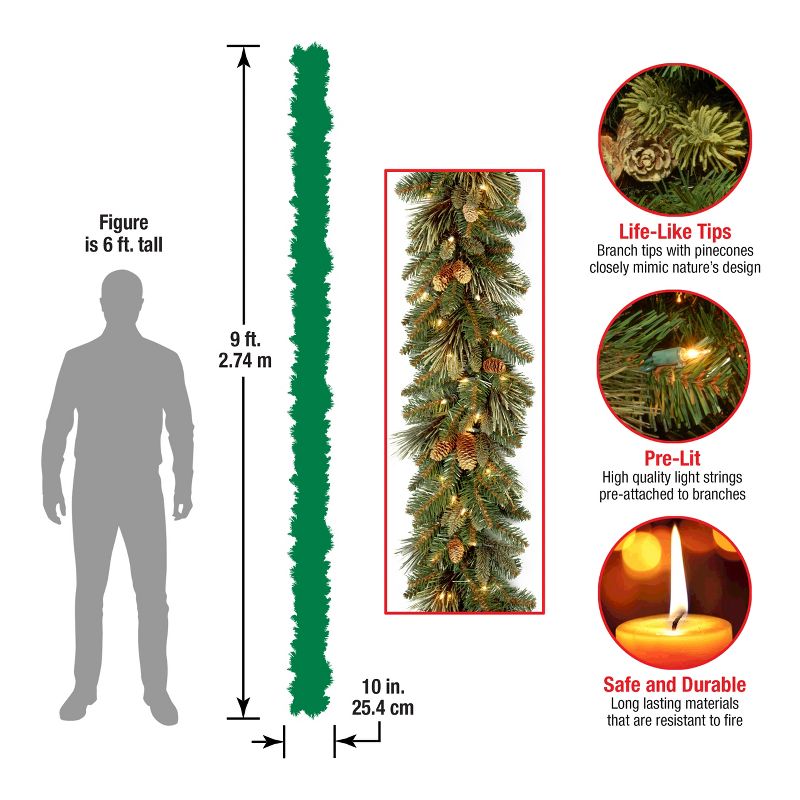 National Tree Company 9 ft. Carolina Pine Garland with Clear Lights, 5 of 8