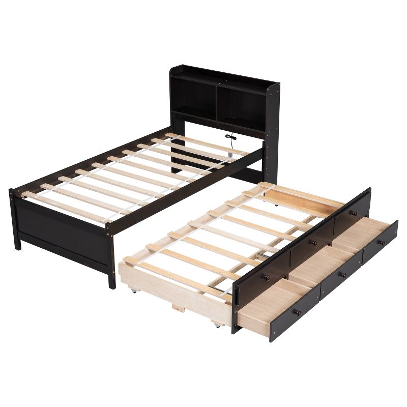Twin Size Platform Bed with Built-in USB, LED light and Bookcase Headboard, Storage Bed with Trundle and 3 Storage Drawers - ModernLuxe, 5 of 11