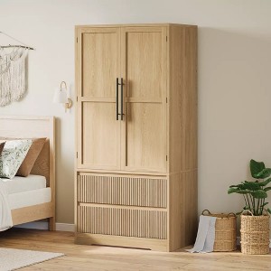 Bedroom Wooden Armoire Wardrobe Closet, Wardrobe Armoire Cabinet with 2 Drawers, Freestanding Armoire with Shelves & Hanging Rod - 1 of 4