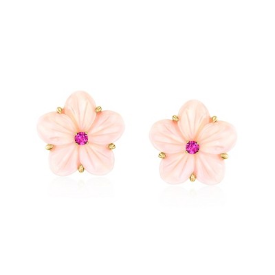 Ross-Simons Carved Pink Shell Flower Earrings With .30 ct. t.w. Rhodolite Garnets in 18kt Gold Over Sterling