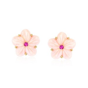 Ross-Simons Carved Pink Shell Flower Earrings With .30 ct. t.w. Rhodolite Garnets in 18kt Gold Over Sterling - 1 of 3