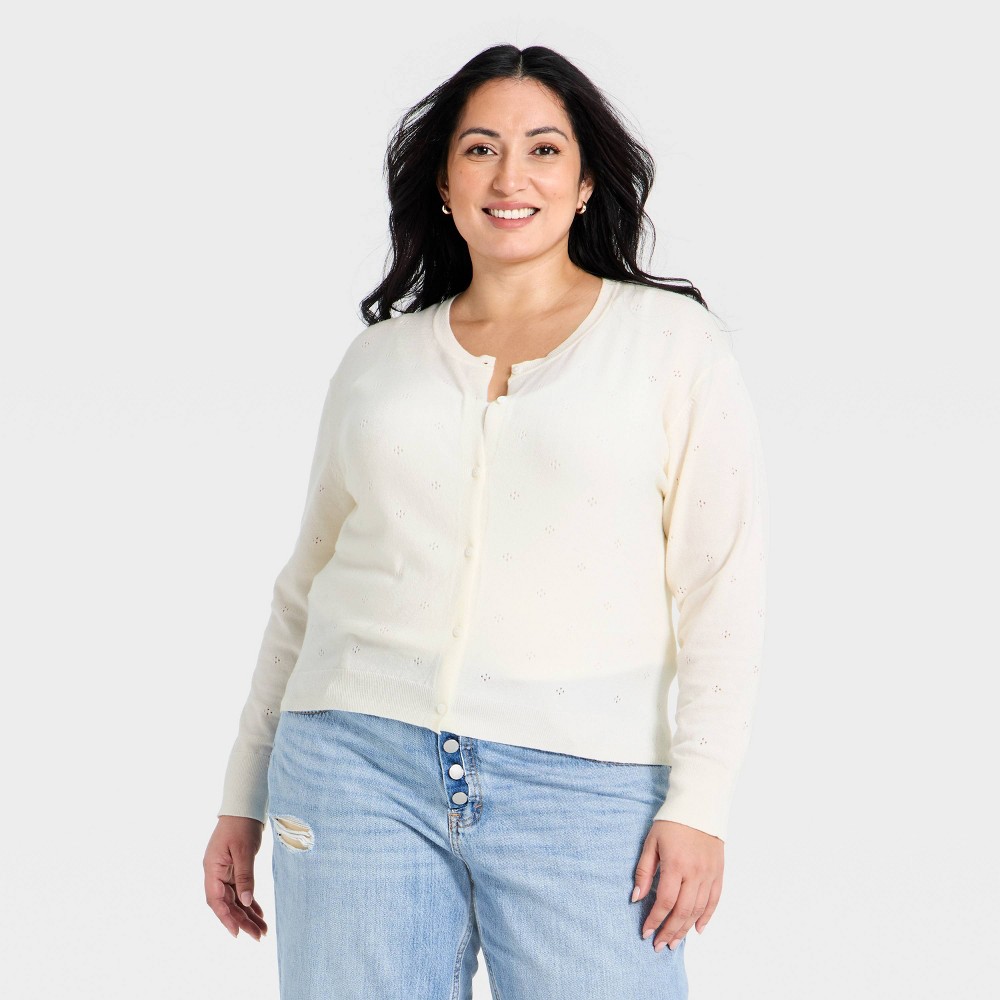 Women's Pointelle Button-Down Cardigan - A New Day™ Cream 2X