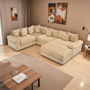 116.9" Corduroy Cloud U-Shaped Modular Sectional Sofa with Thick Cushions & Ottoman - 1 of 4
