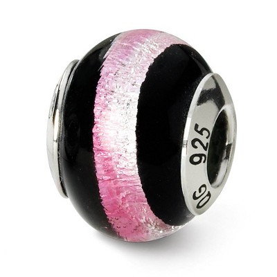 Black Bow Jewelry Sterling Silver, Black and Pink Striped Murano Glass Bead Charm