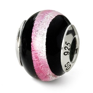 Black Bow Jewelry Sterling Silver, Black and Pink Striped Murano Glass Bead Charm - 1 of 3
