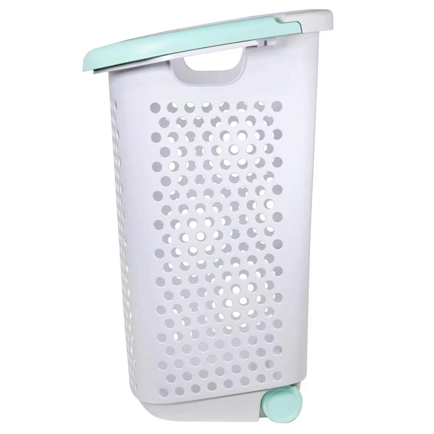 Rolling Laundry Hamper White With Turquoise Handles - Room Essentialsâ¢ - image 1 of 4