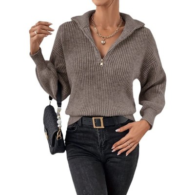 Coolmee Women's Half Zip Pullover Sweaters V Neck Collared Long Sleeve Ribbed Knit Fall Tops