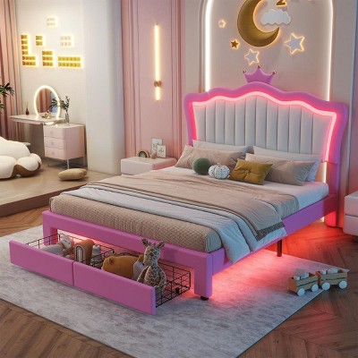 Streamdale Full Size Upholstered Bed Frame with LED Lights, Modern Upholstered Princess Bed with Crown Headboard, 2 Drawers, Pink+White