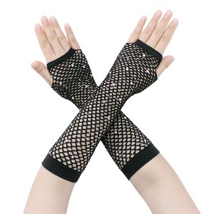 INSPIRE CHIC Women's Long Elastic Mesh Rhinestone Cosplay Net Half Finger Sleeves Gloves for Female Dance Party 1Pair - 1 of 4